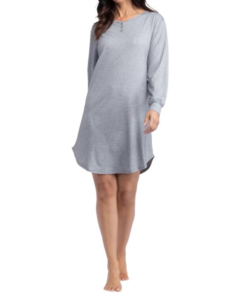 Front of a model wearing a size XL Hannah - 36" Ls Henley Sleep Shirt in Heather Grey in Heather Grey by SOFTiES. | dia_product_style_image_id:335399